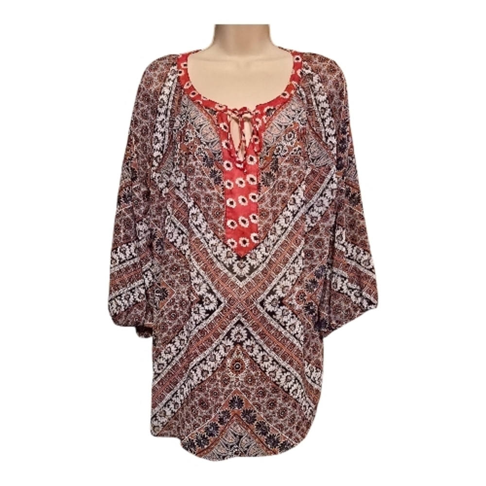 New Directions 1X Boho Sheer Blouse Red White Blue Lace Tie Neck Top